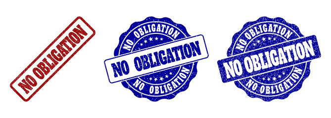 NO OBLIGATION grunge stamp seals in red and blue colors. Vector NO OBLIGATION overlays with grunge effect. Graphic elements are rounded rectangles, rosettes, circles and text titles.