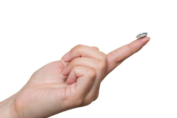 isolated Female hand with contact lens on finger on white background. Medicine and vision concept, optics