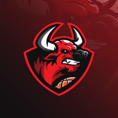 bull mascot logo design vector with modern illustration concept style for badge, emblem and tshirt printing. angry bull illustration with basketball.