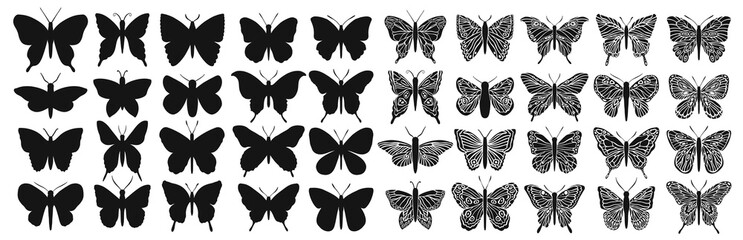 Design black isolated butterfly silhouette set. Graphic insect cutting.