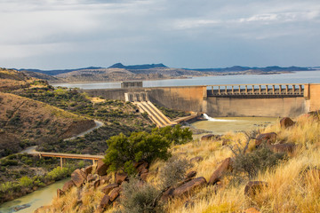 Naklejka premium Gariep dam on the Orange River in South Africa, the largest dam in South Africa