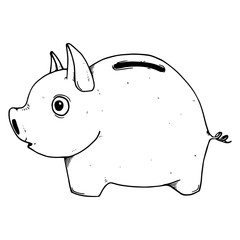 Piggy hand drawn. Vector illustration of pig money box. Icon funny pig piggy bank.