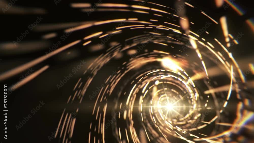 Poster abstract sci fi tunnel. gold bokeh lights. glowing corridor the camera moves forward towards. dynami