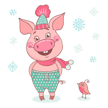 Funny cute laughing pig dressed in a hat with a pink pompon and scarf.