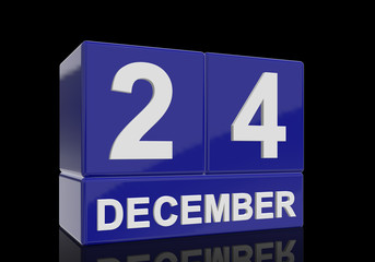 The date of 24 December in white numbers and letters on shiny blue cubes with reflection on a black background.