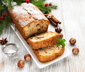 traditional homemade stollen with dried fruits and nuts