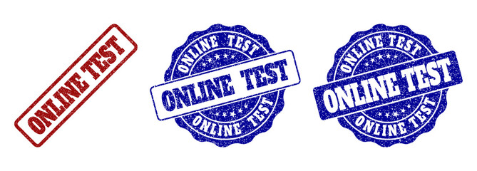 ONLINE TEST grunge stamp seals in red and blue colors. Vector ONLINE TEST labels with grunge style. Graphic elements are rounded rectangles, rosettes, circles and text labels.