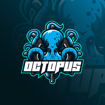 octopus sport mascot logo design illustration, tshirt and emblem.