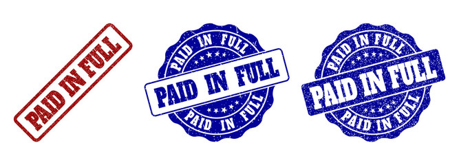 PAID IN FULL grunge stamp seals in red and blue colors. Vector PAID IN FULL labels with scratced texture. Graphic elements are rounded rectangles, rosettes, circles and text labels. © Tensor Designs
