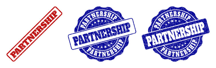 PARTNERSHIP grunge stamp seals in red and blue colors. Vector PARTNERSHIP imprints with grunge style. Graphic elements are rounded rectangles, rosettes, circles and text titles.