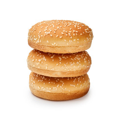 Three Hamburger buns with sesame isolated on white background. Packaging. Mock up for design.