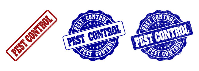 PEST CONTROL scratched stamp seals in red and blue colors. Vector PEST CONTROL watermarks with grunge style. Graphic elements are rounded rectangles, rosettes, circles and text captions.