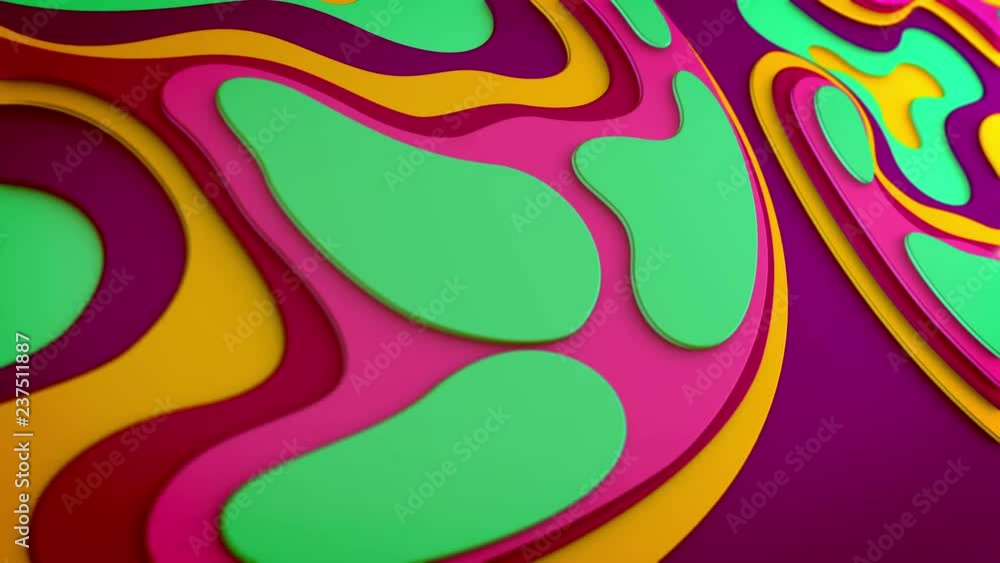 Poster arty 3d rendering of multicolored and multishaped blobs and curves moving horizontally in an enigmat