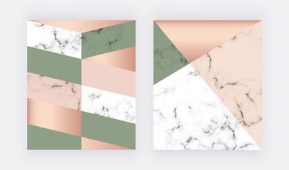 Marble geometric design with rose gold and green shapes. Modern templates for wedding invitation, banner, logo, card, flyer, poster, save the date