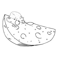 Mouse with a slice of cheese hand drawn. Vector of a cartoon mouse on cheese. Icon mouse with cheese.