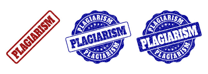 PLAGIARISM grunge stamp seals in red and blue colors. Vector PLAGIARISM overlays with grunge style. Graphic elements are rounded rectangles, rosettes, circles and text labels.