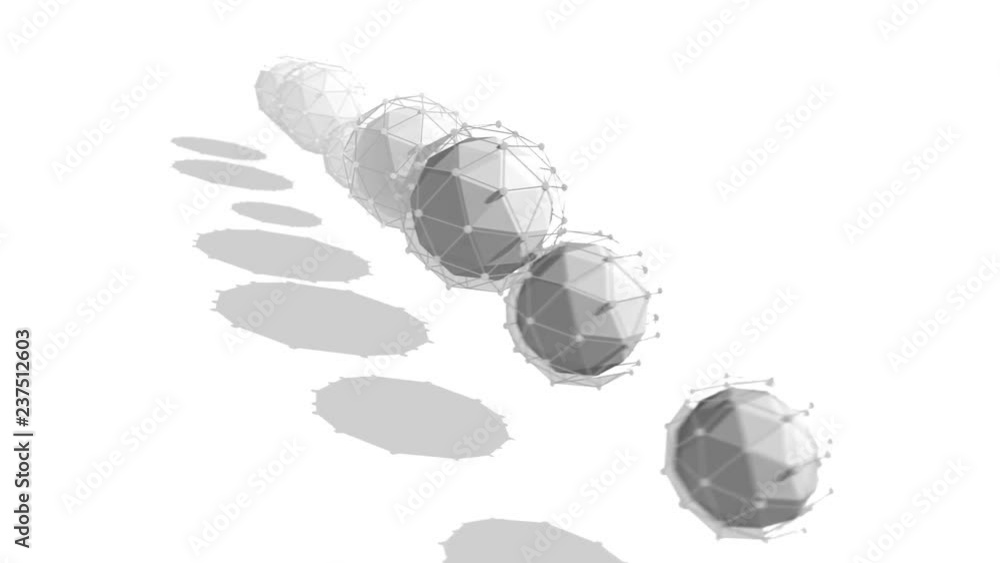 Poster striking 3d rendering of seven multishaped spheres with nets placed in one straight line rotating ar