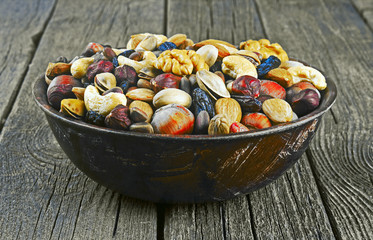 mix nuts on wood background