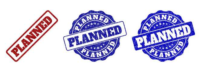 PLANNED scratched stamp seals in red and blue colors. Vector PLANNED labels with distress effect. Graphic elements are rounded rectangles, rosettes, circles and text titles.