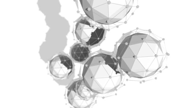 Spectacular 3d rendering of two stripes from four balls in each covered with a network plexus located diagonaly spinning around in the white background in seamless loop.  