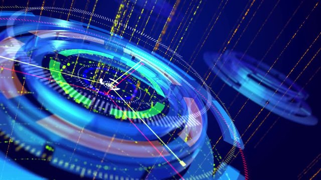 Innovative 3d rendering of shimmering multishaped rings resembling a modern compass placed askew with several narrow arrows spinning around in the dark blue backdrop in seamless loop. 