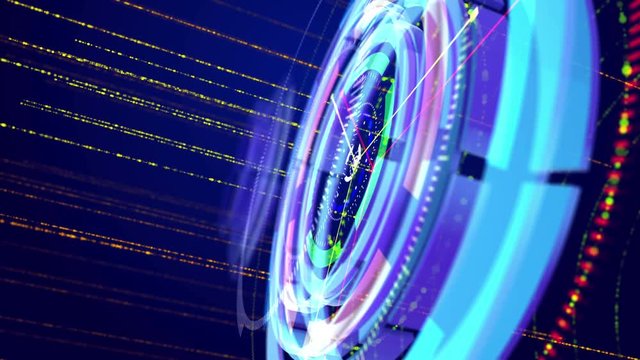 Arty 3d rendering of shining blue and celeste circles spinning oppositely and having a compass dial face placed vertically and narrow arrows revolting too in the blue background in seamless loop.