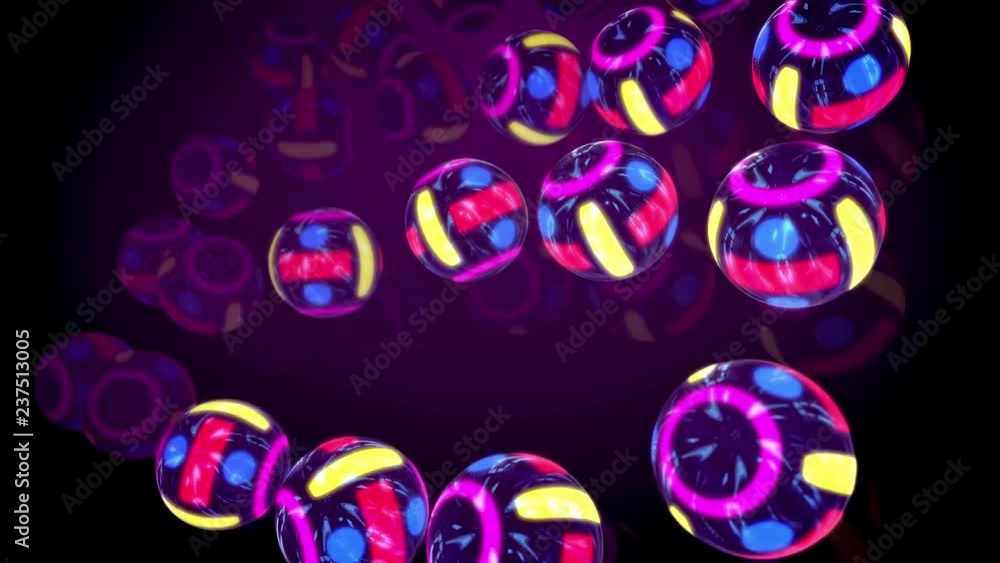 Poster astonishing 3d rendering of four lines of neon looking colorful balls placed on flat askew surface i