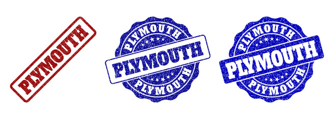 PLYMOUTH grunge stamp seals in red and blue colors. Vector PLYMOUTH labels with draft effect. Graphic elements are rounded rectangles, rosettes, circles and text labels.