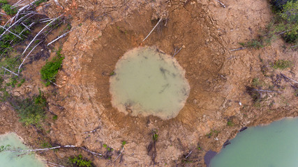 Holes on ground from powerful explosions. Bomb craters in the forest. Disposal of explosives. Top view aerial photo from flying drone.