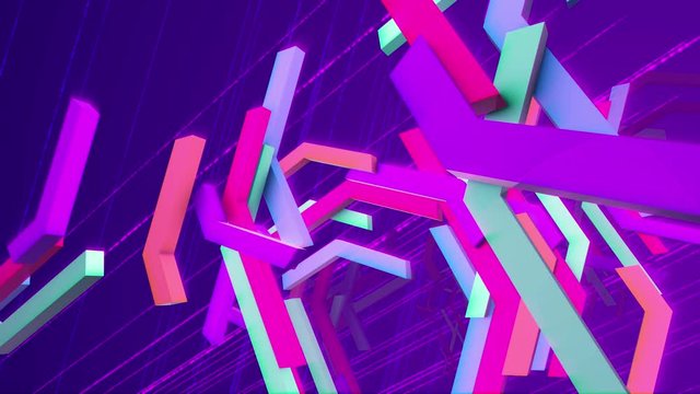 Exciting 3d rendering of soaring colorful technical bars having curvy and zigzag figures in the dark violet background with a hexagonal network in seamless loop. They look optimistic and funny.