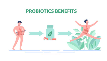 Probiotics benefits. Scheme of influence of probiotics on a human body.