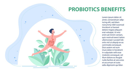 Probiotics benefits. Scheme of influence of probiotics on a human body.