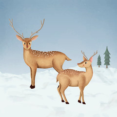 Hand-drawn two cute fallow deer