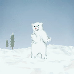 Fototapeta premium Hand-drawn baby white polar bear on a snow-covered ground