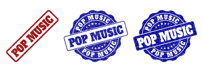 POP MUSIC scratched stamp seals in red and blue colors. Vector POP MUSIC signs with dirty effect. Graphic elements are rounded rectangles, rosettes, circles and text tags.