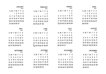 Calendar 2019 year black and white vector template, Pocket square calendar, ready design, simplicity