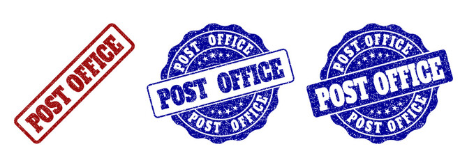 POST OFFICE grunge stamp seals in red and blue colors. Vector POST OFFICE overlays with grunge surface. Graphic elements are rounded rectangles, rosettes, circles and text tags.