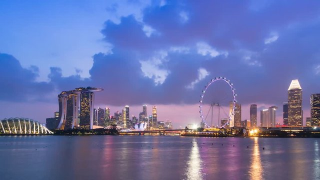 Sunrise Night to Day Singapore Cityscape 4K Time Lapse (zoom out)