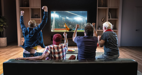 Group of fans are watching a soccer moment on the TV and celebrating a goal, sitting on the couch...