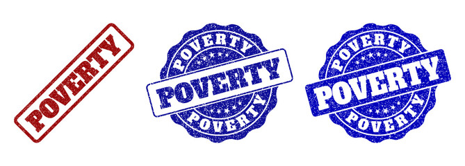 POVERTY grunge stamp seals in red and blue colors. Vector POVERTY marks with grunge texture. Graphic elements are rounded rectangles, rosettes, circles and text titles.