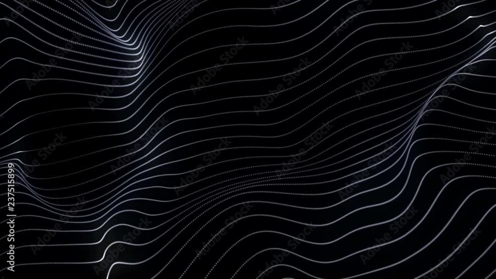 Poster abstract loopable black cg motion waving dots texture with glowing defocused white lines with partic