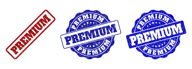 PREMIUM scratched stamp seals in red and blue colors. Vector PREMIUM watermarks with dirty style. Graphic elements are rounded rectangles, rosettes, circles and text titles.