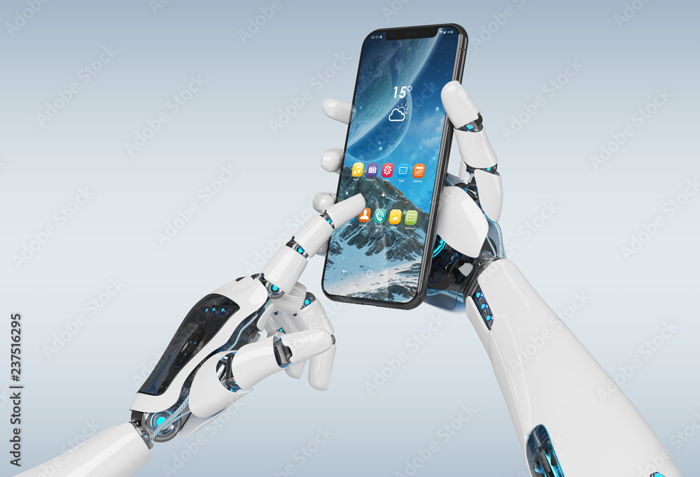 Poster white robot hand holding smartphone mockup 3d rendering