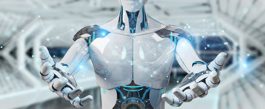 White man robot using digital network connection 3D rendering