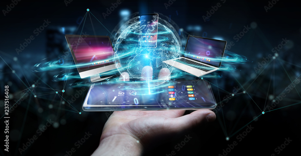 Aufkleber modern devices connected in businessman hand 3d rendering