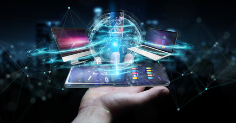 Modern devices connected in businessman hand 3D rendering