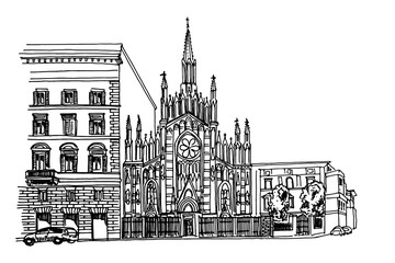 Fototapeta premium handdrawn sketch of Sacred Heart Church of the Suffrage, Rome, Italy.
