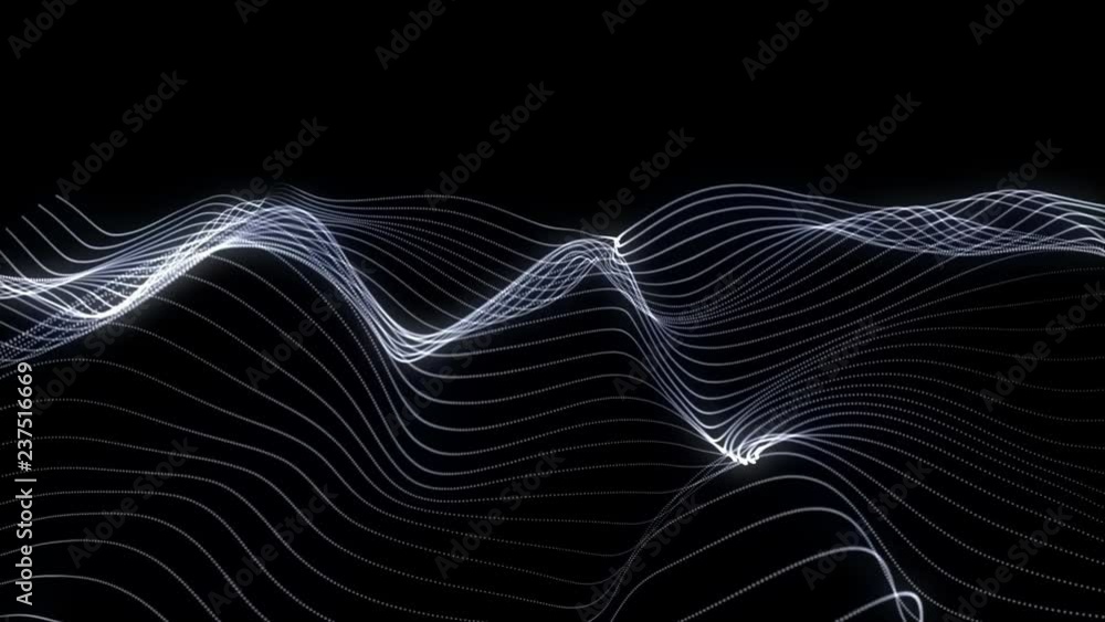 Poster abstract loopable black cg motion waving dots texture with glowing defocused white lines with partic
