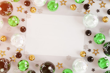 Christmas card mockup with green baubles 3D rendering