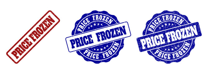 PRICE FROZEN grunge stamp seals in red and blue colors. Vector PRICE FROZEN watermarks with grunge texture. Graphic elements are rounded rectangles, rosettes, circles and text tags.